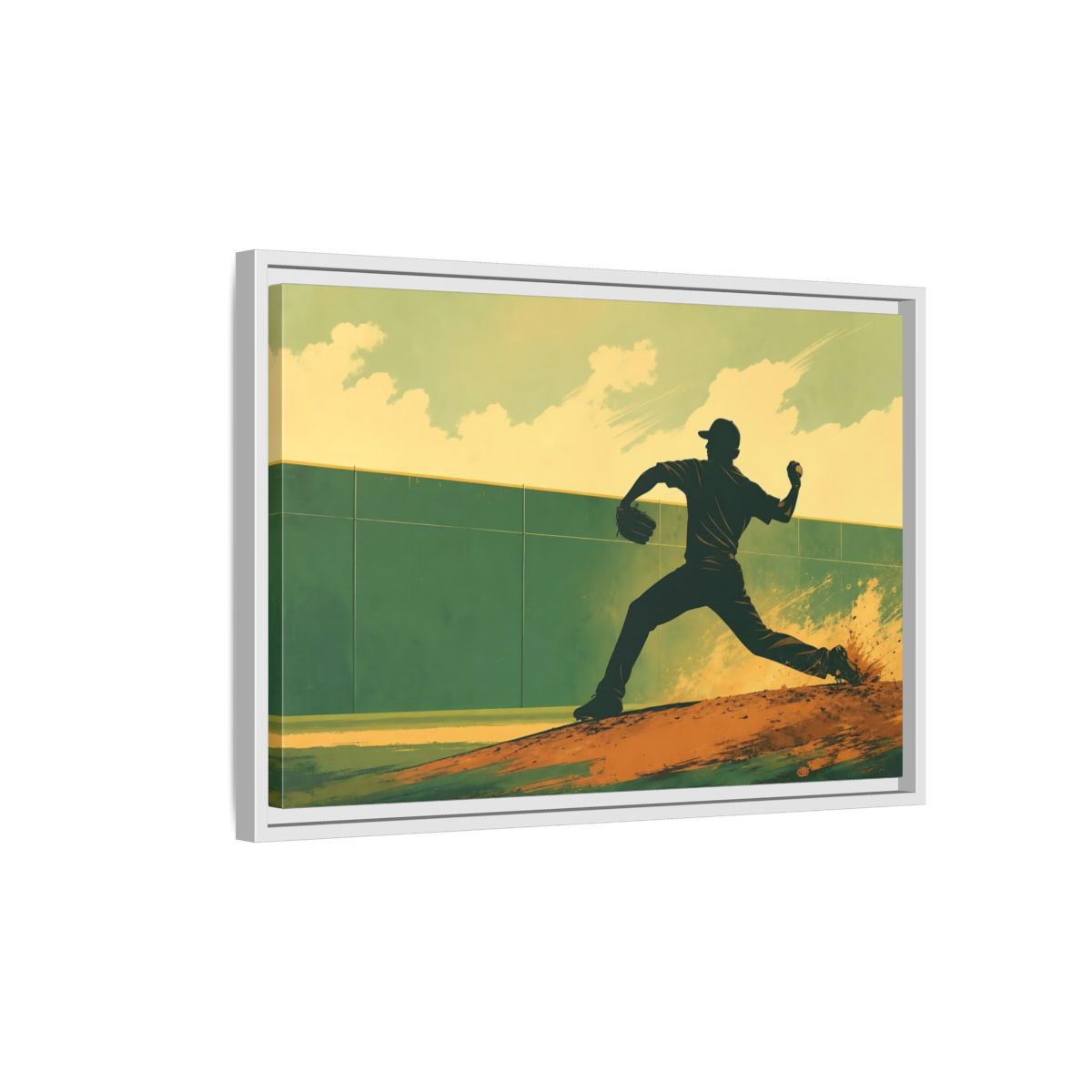 Side Mockup 1. Sports Baseball Pitcher Baseball Pitcher shown as framed canvas print