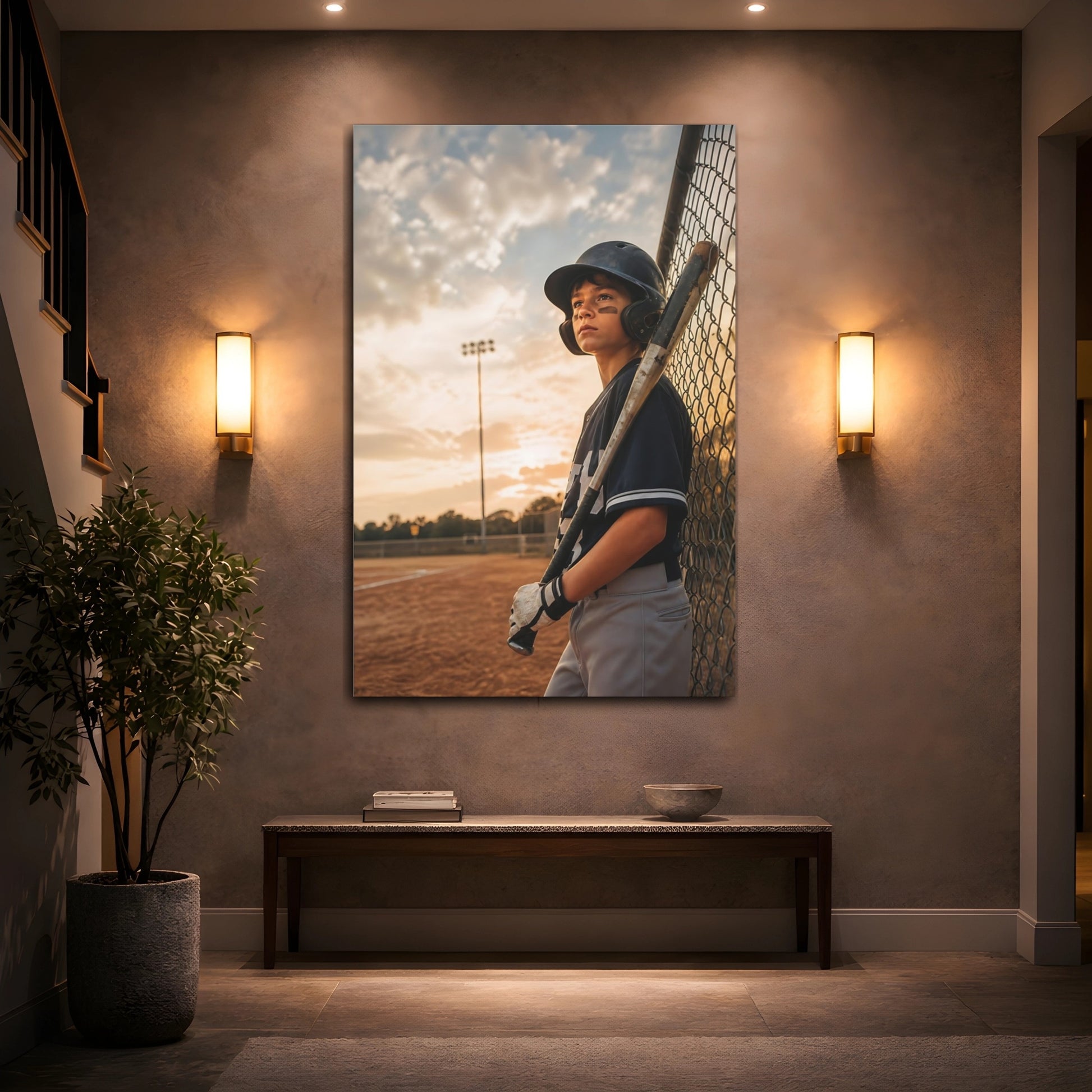 Mockup 2. Sports Baseball Player Baseball Player Sunset shown as canvas print