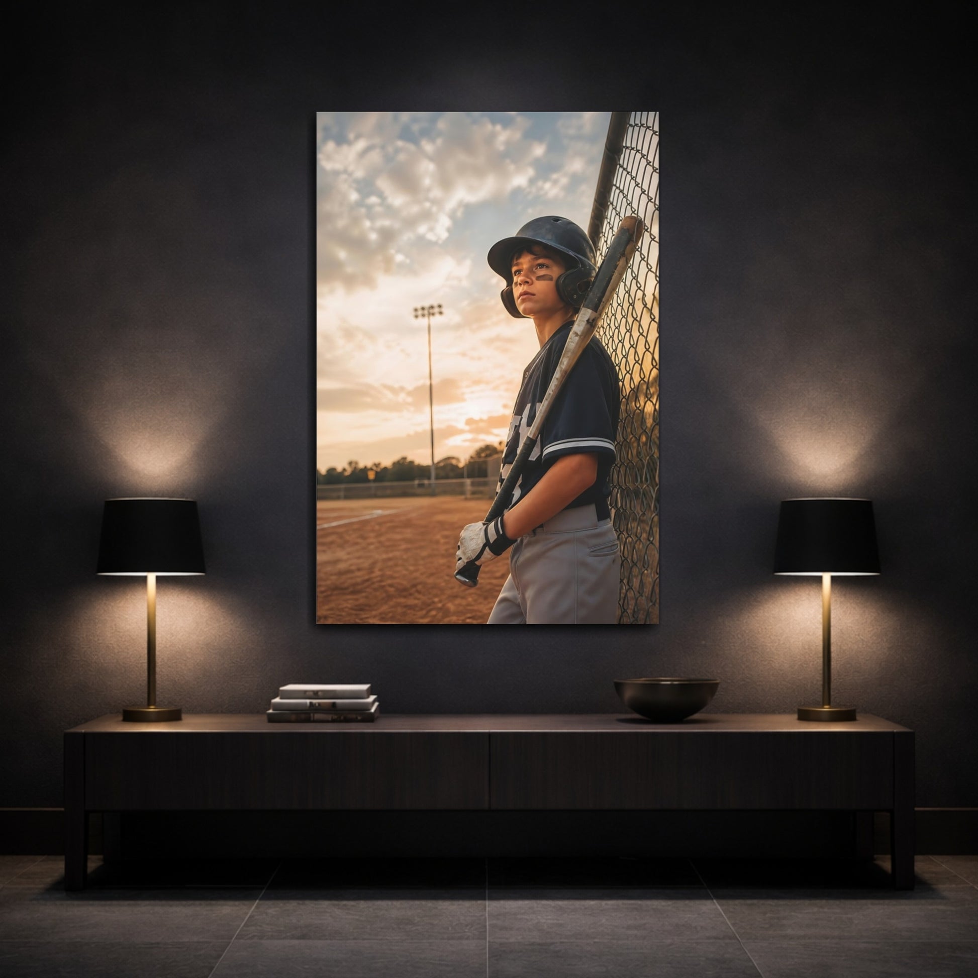 Mockup 3. Sports Baseball Player Baseball Player Sunset shown as canvas print