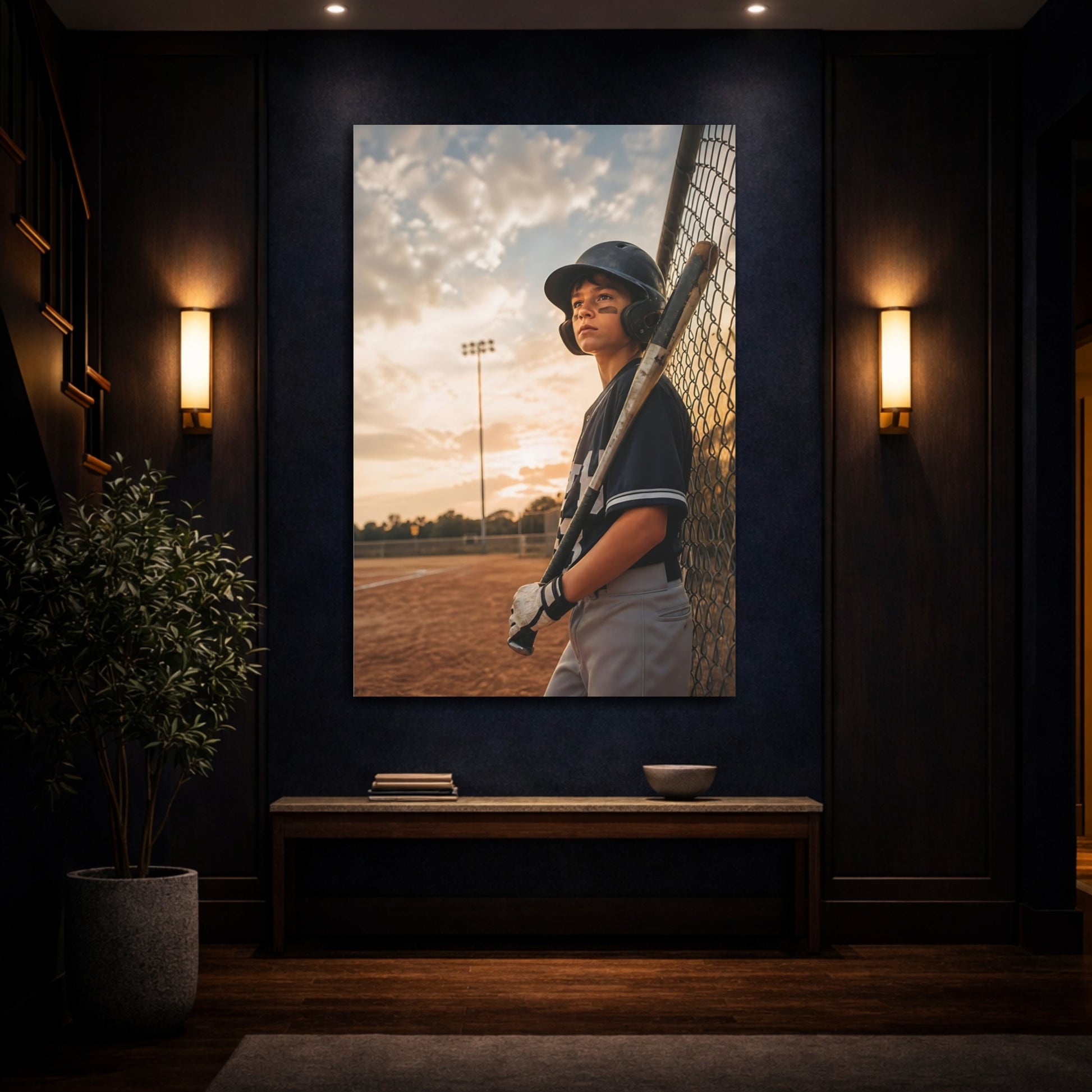 Mockup 4. Sports Baseball Player Baseball Player Sunset shown as canvas print