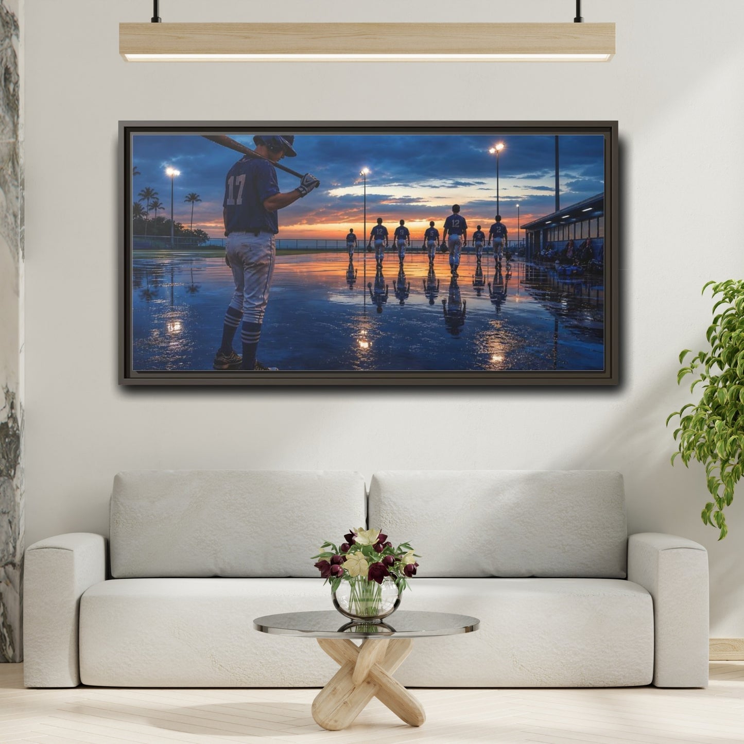 Mockup 2. Sports Baseball Players Baseball Field Sunset shown as framed canvas print