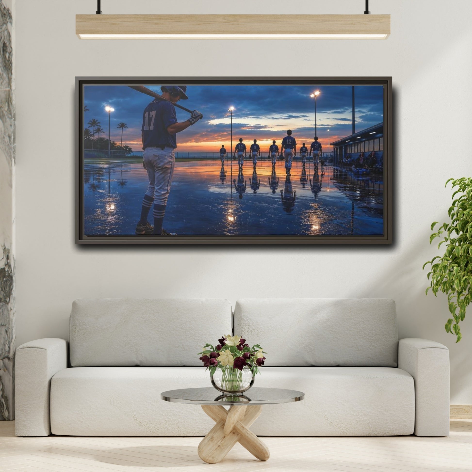 Mockup 2. Sports Baseball Players Baseball Field Sunset shown as framed canvas print