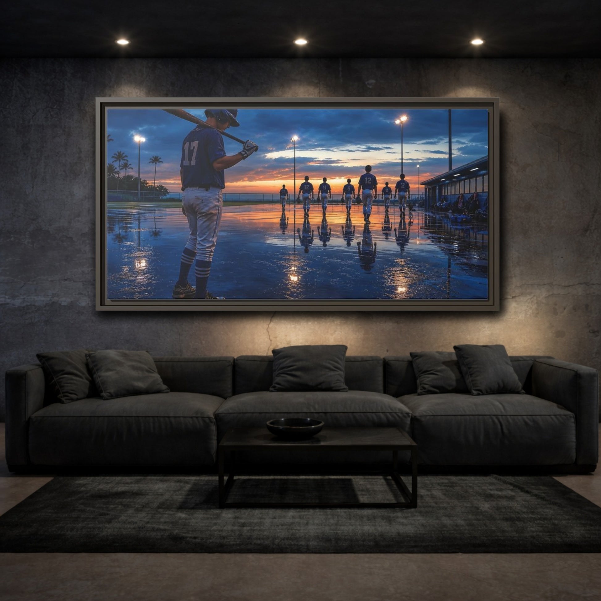 Mockup 4. Sports Baseball Players Baseball Field Sunset shown as framed canvas print
