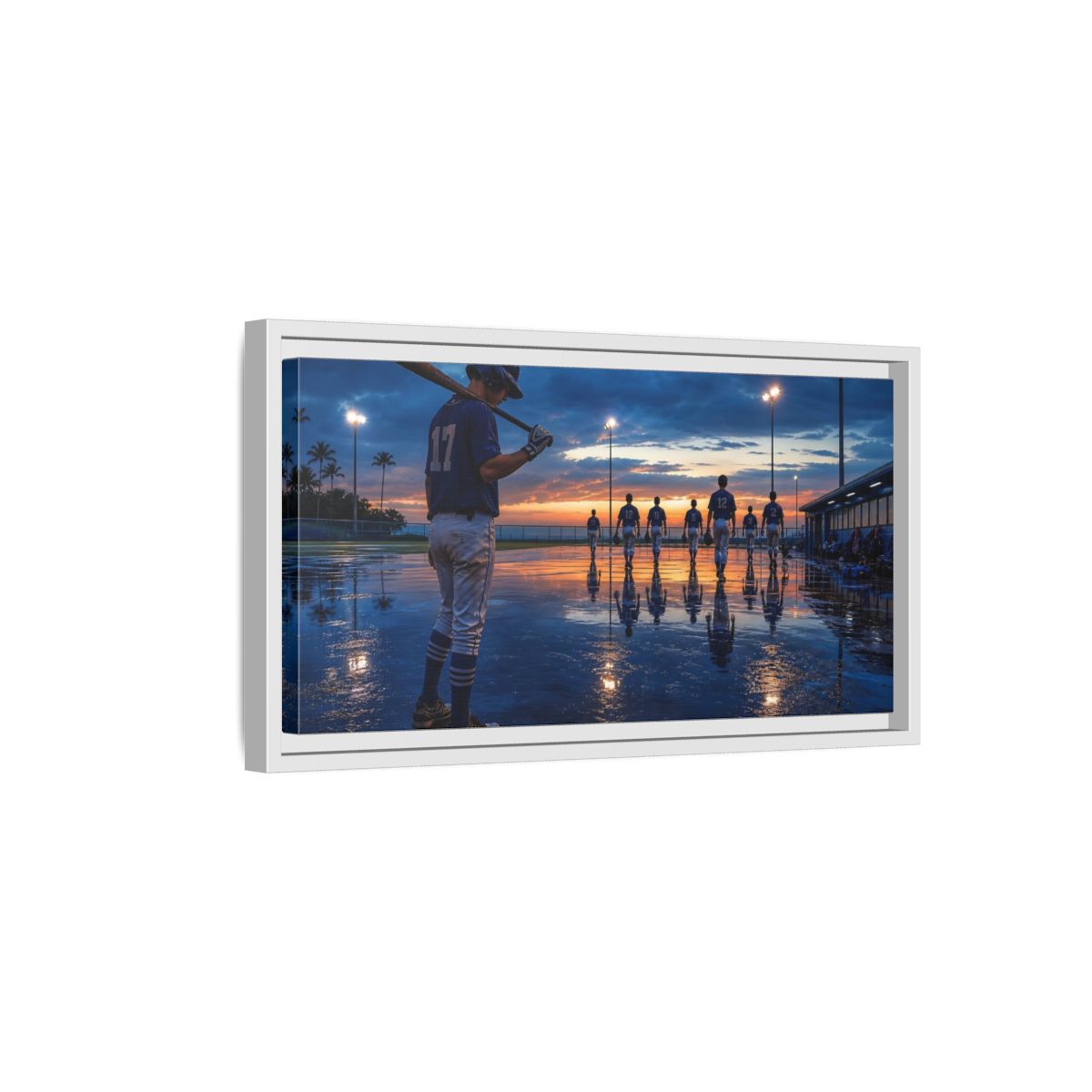 Side Mockup 6. Sports Baseball Players Baseball Field Sunset shown as framed canvas print