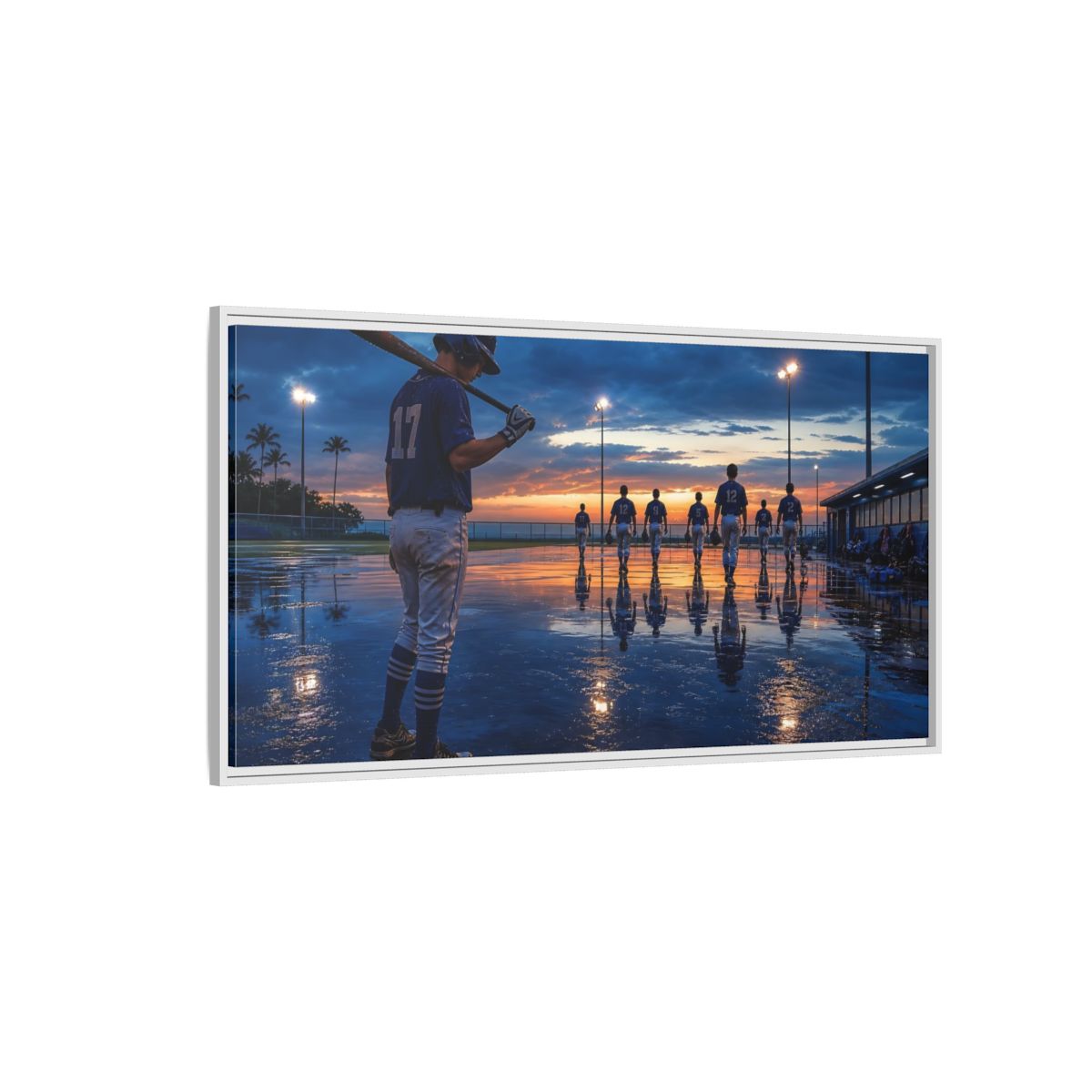 Side Mockup 3. Sports Baseball Players Baseball Field Sunset shown as framed canvas print