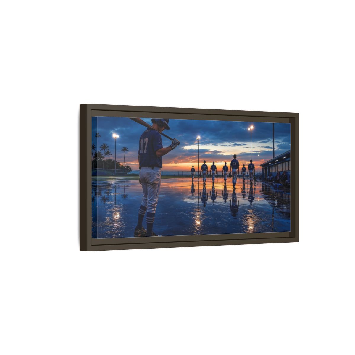 Side Mockup 7. Sports Baseball Players Baseball Field Sunset shown as framed canvas print