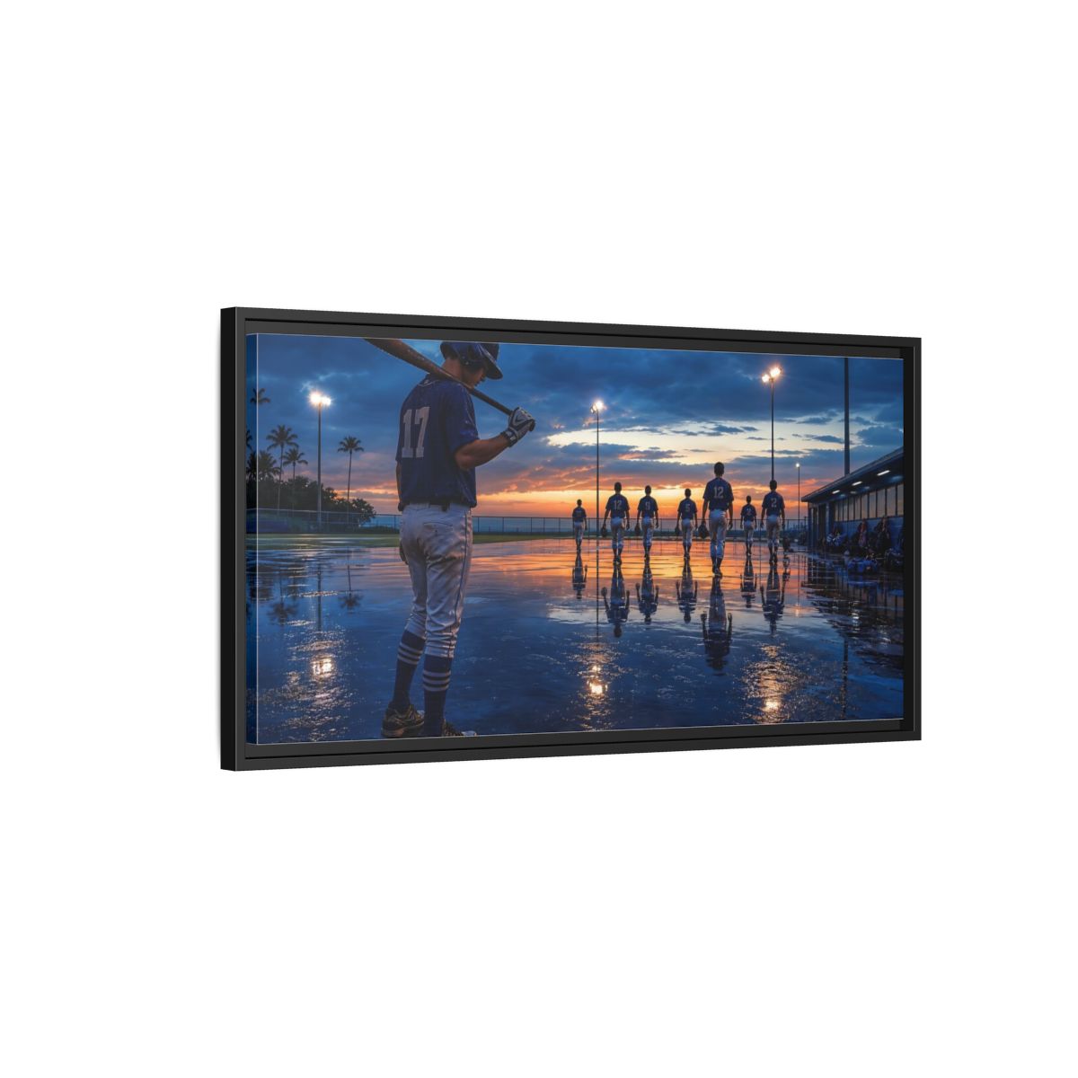 Side Mockup 2. Sports Baseball Players Baseball Field Sunset shown as framed canvas print