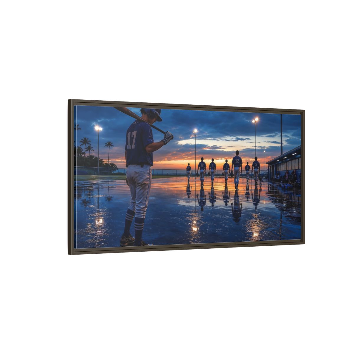 Side Mockup 4. Sports Baseball Players Baseball Field Sunset shown as framed canvas print