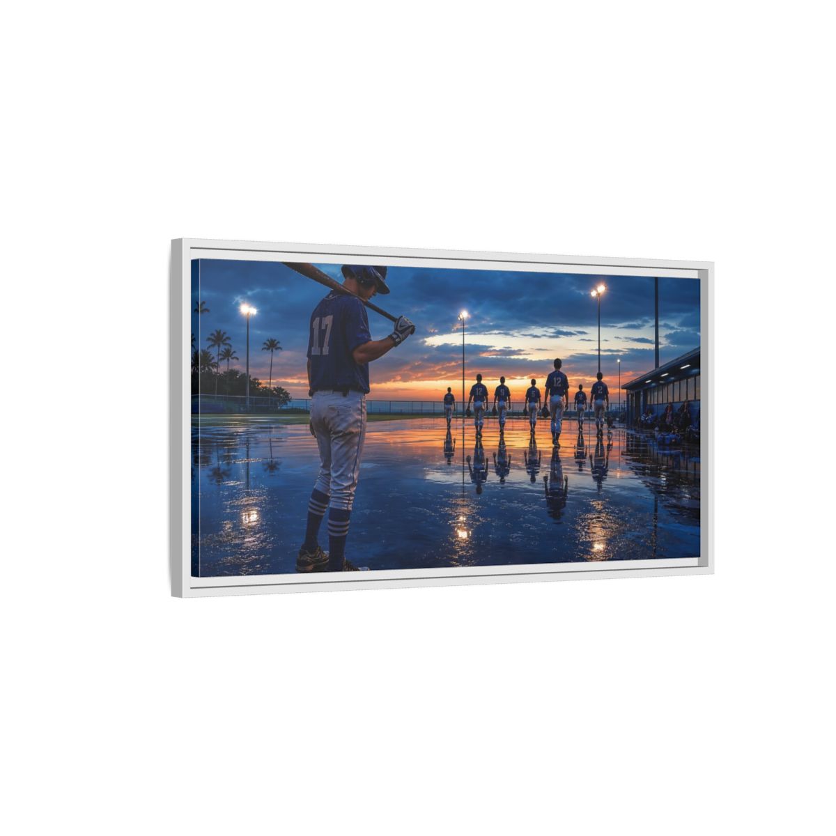 Side Mockup 1. Sports Baseball Players Baseball Field Sunset shown as framed canvas print