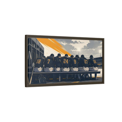 Main Mockup. Sports Baseball Team Orange And Grey Baseball shown as framed canvas print