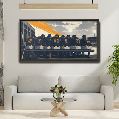Mockup 2. Sports Baseball Team Orange And Grey Baseball shown as framed canvas print