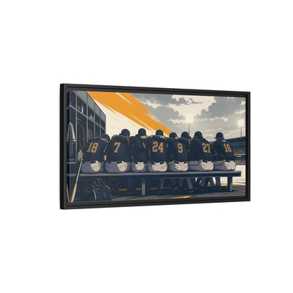 Side Mockup 2. Sports Baseball Team Orange And Grey Baseball shown as framed canvas print