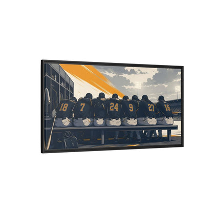 Side Mockup 5. Sports Baseball Team Orange And Grey Baseball shown as framed canvas print