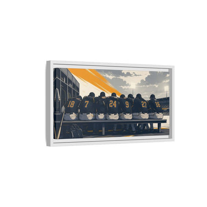 Side Mockup 6. Sports Baseball Team Orange And Grey Baseball shown as framed canvas print