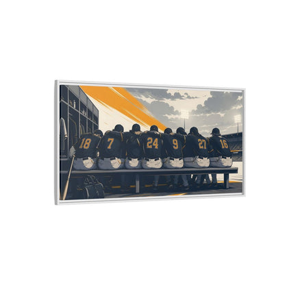 Side Mockup 3. Sports Baseball Team Orange And Grey Baseball shown as framed canvas print