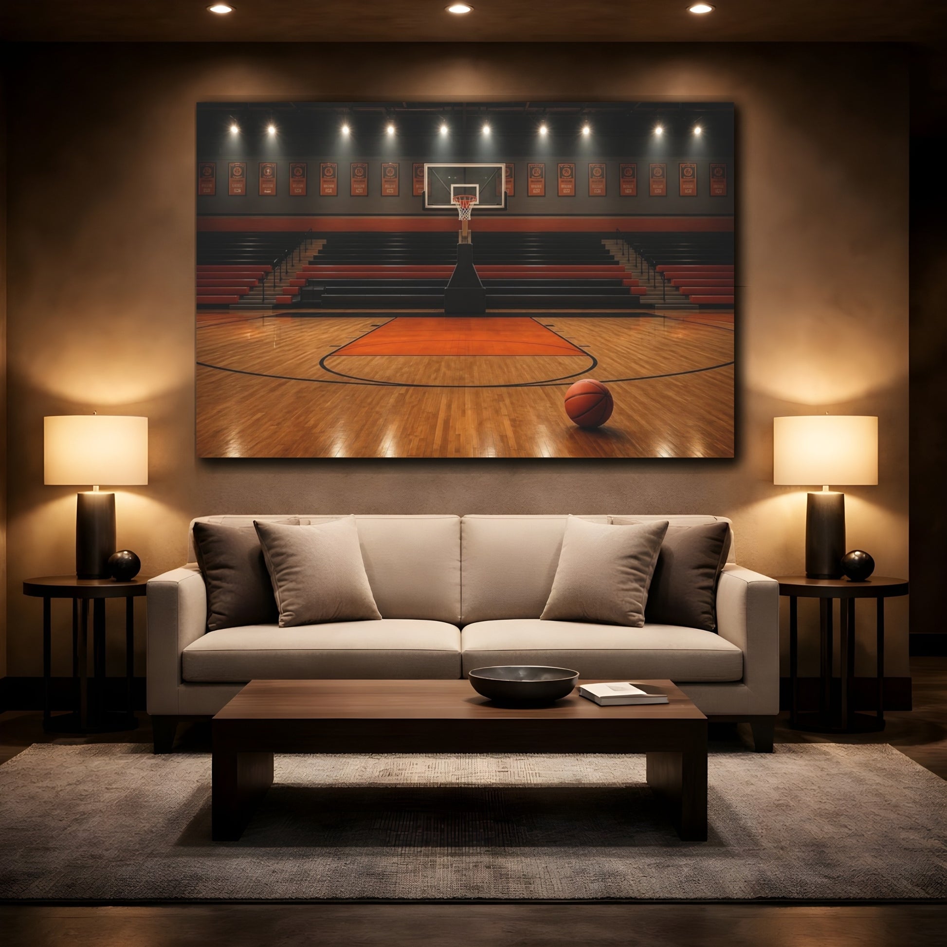 Mockup 2. Sports Basketball Court Orange And Black shown as canvas print