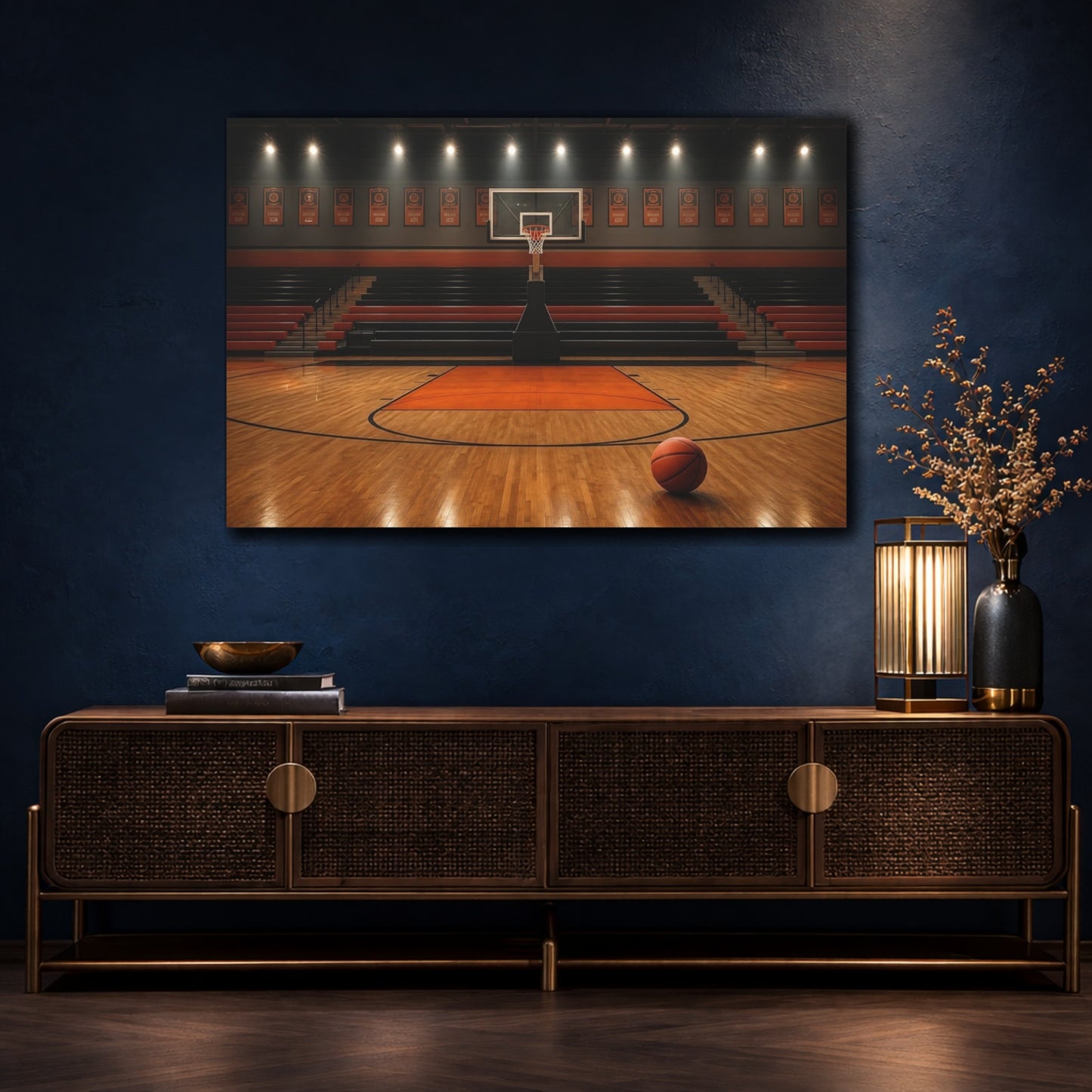 Mockup 4. Sports Basketball Court Orange And Black shown as canvas print