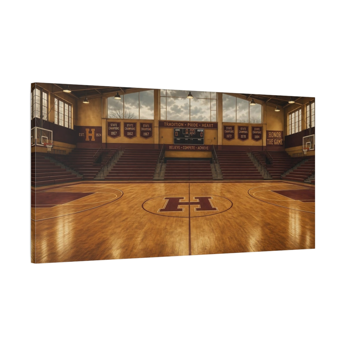 Main Mockup. Sports Basketball Court Vintage Basketball shown as canvas print