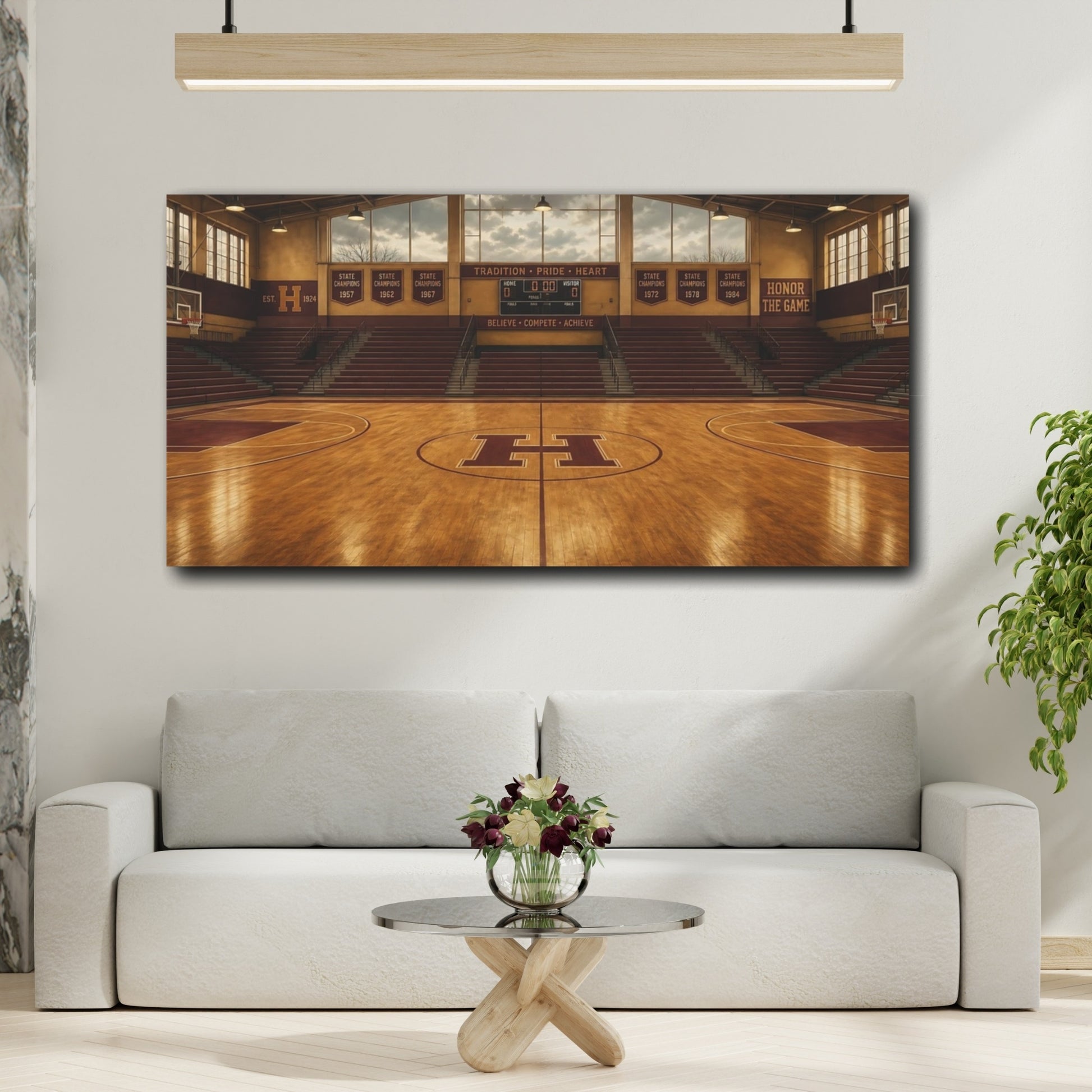 Mockup 2. Sports Basketball Court Vintage Basketball shown as canvas print