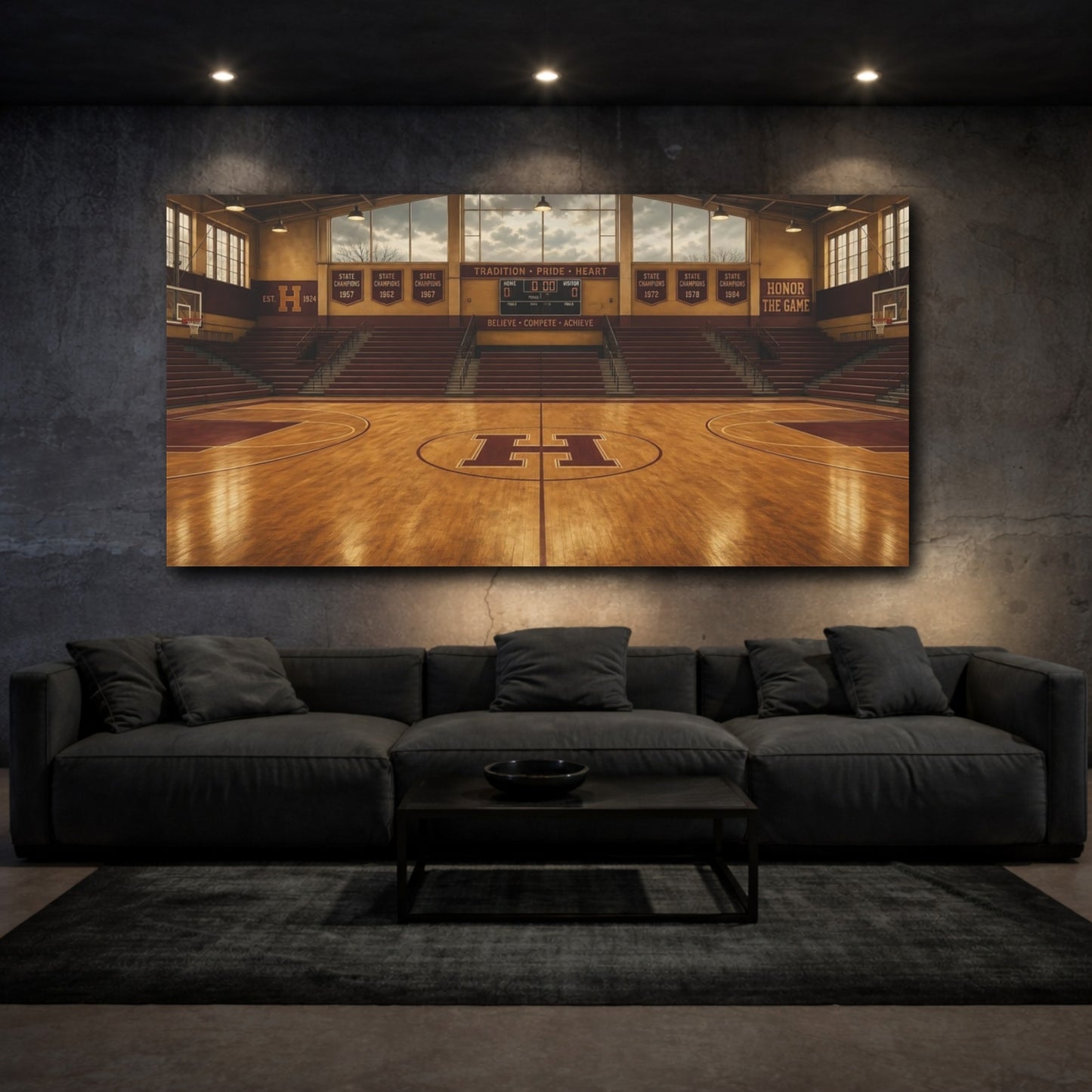 Mockup 4. Sports Basketball Court Vintage Basketball shown as canvas print