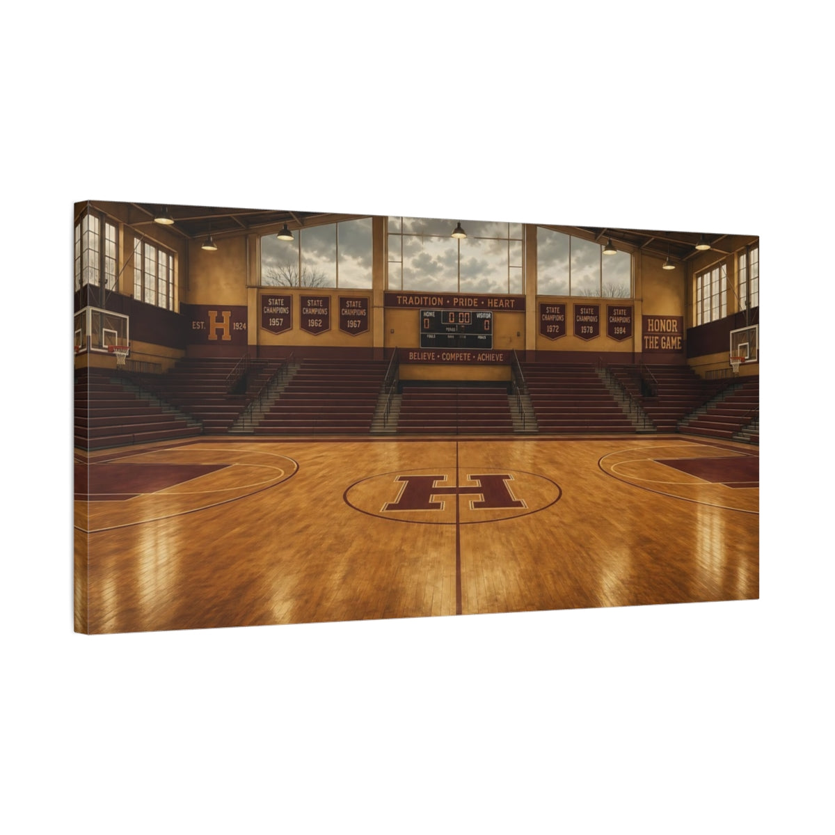 Side Mockup 1. Sports Basketball Court Vintage Basketball shown as canvas print