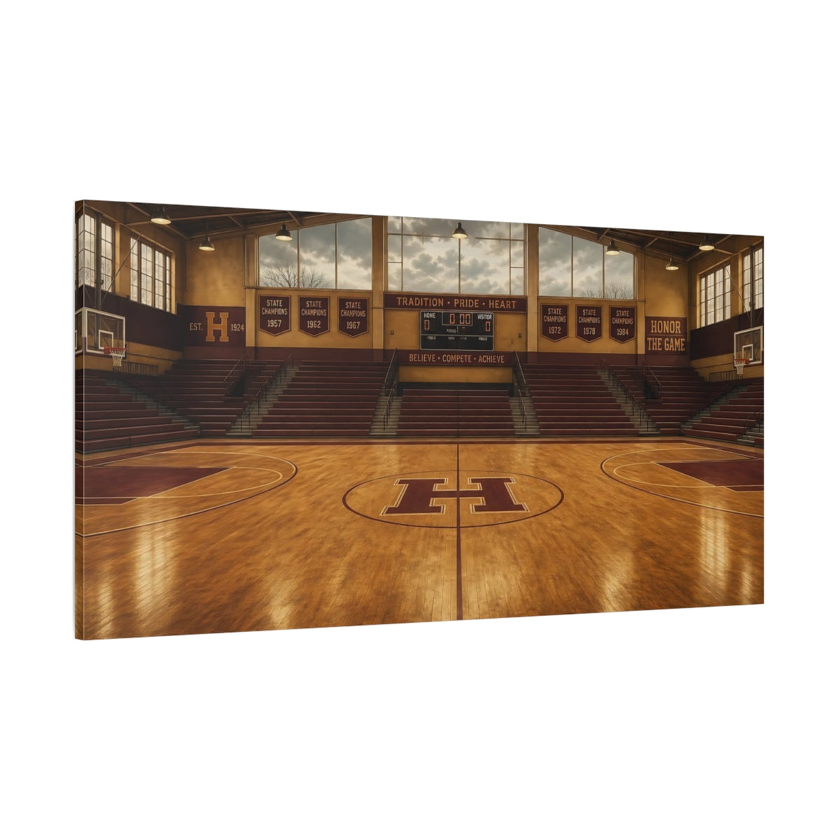 Side Mockup 2. Sports Basketball Court Vintage Basketball shown as canvas print