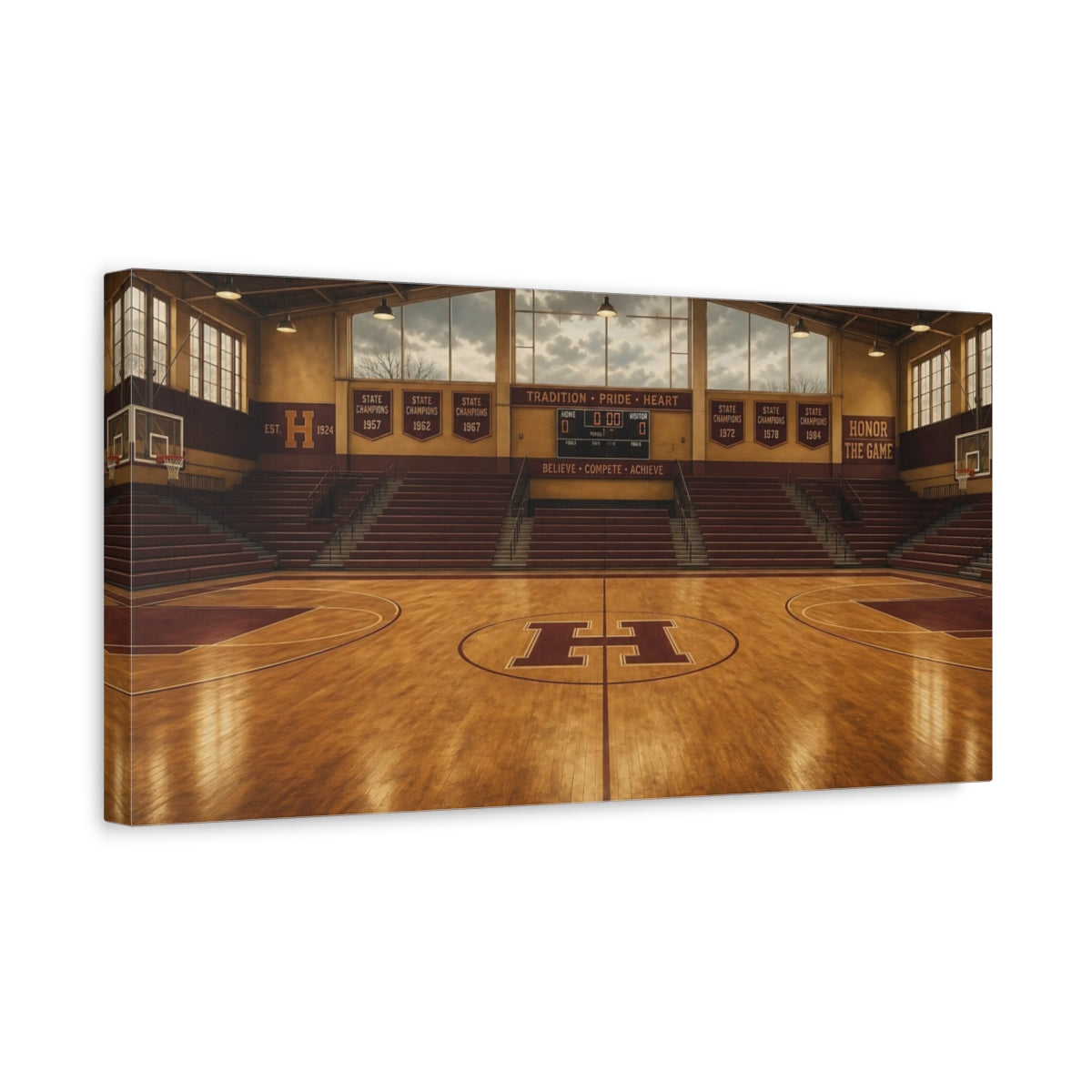 Side Mockup 3. Sports Basketball Court Vintage Basketball shown as canvas print