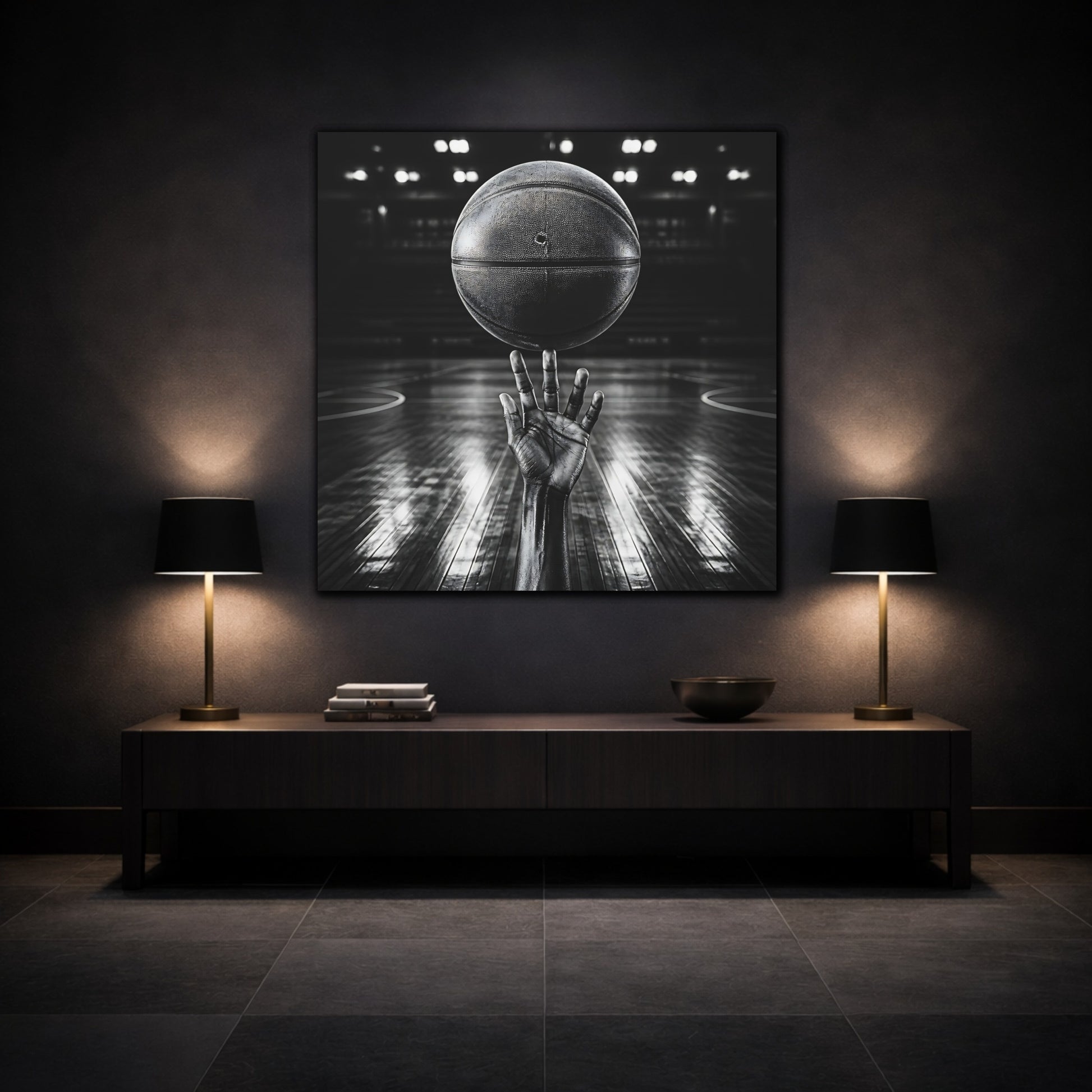 Mockup 3. Sports Basketball Hand Black And White shown as canvas print