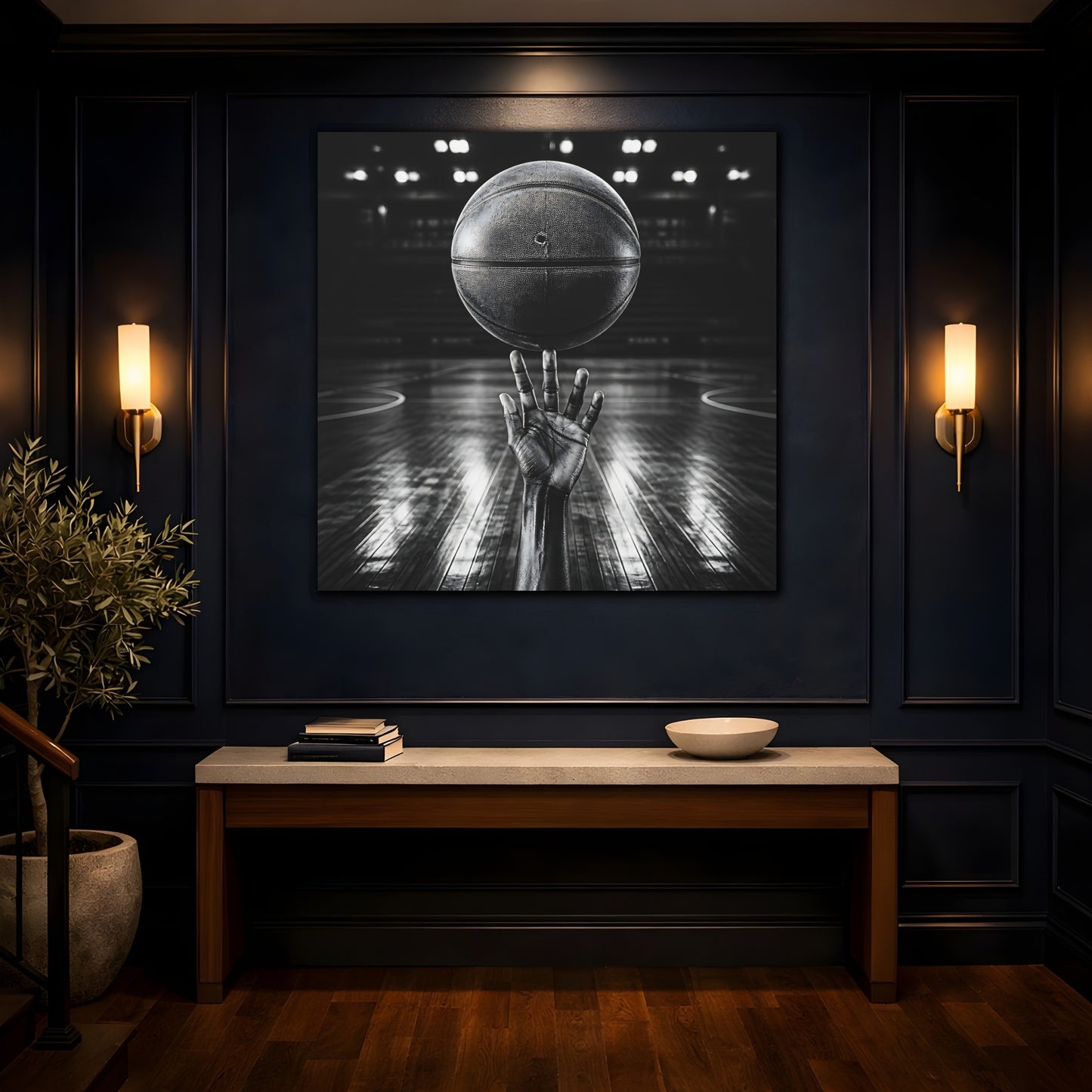 Mockup 4. Sports Basketball Hand Black And White shown as canvas print