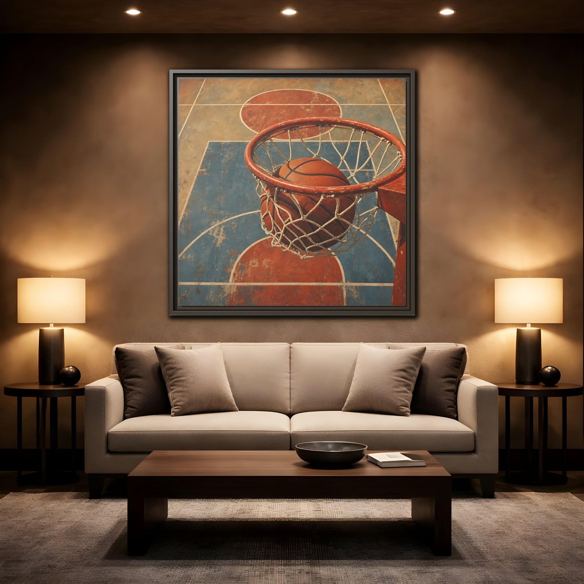 Mockup 2. Sports Basketball Hoop Vintage Basketball Court shown as framed canvas print