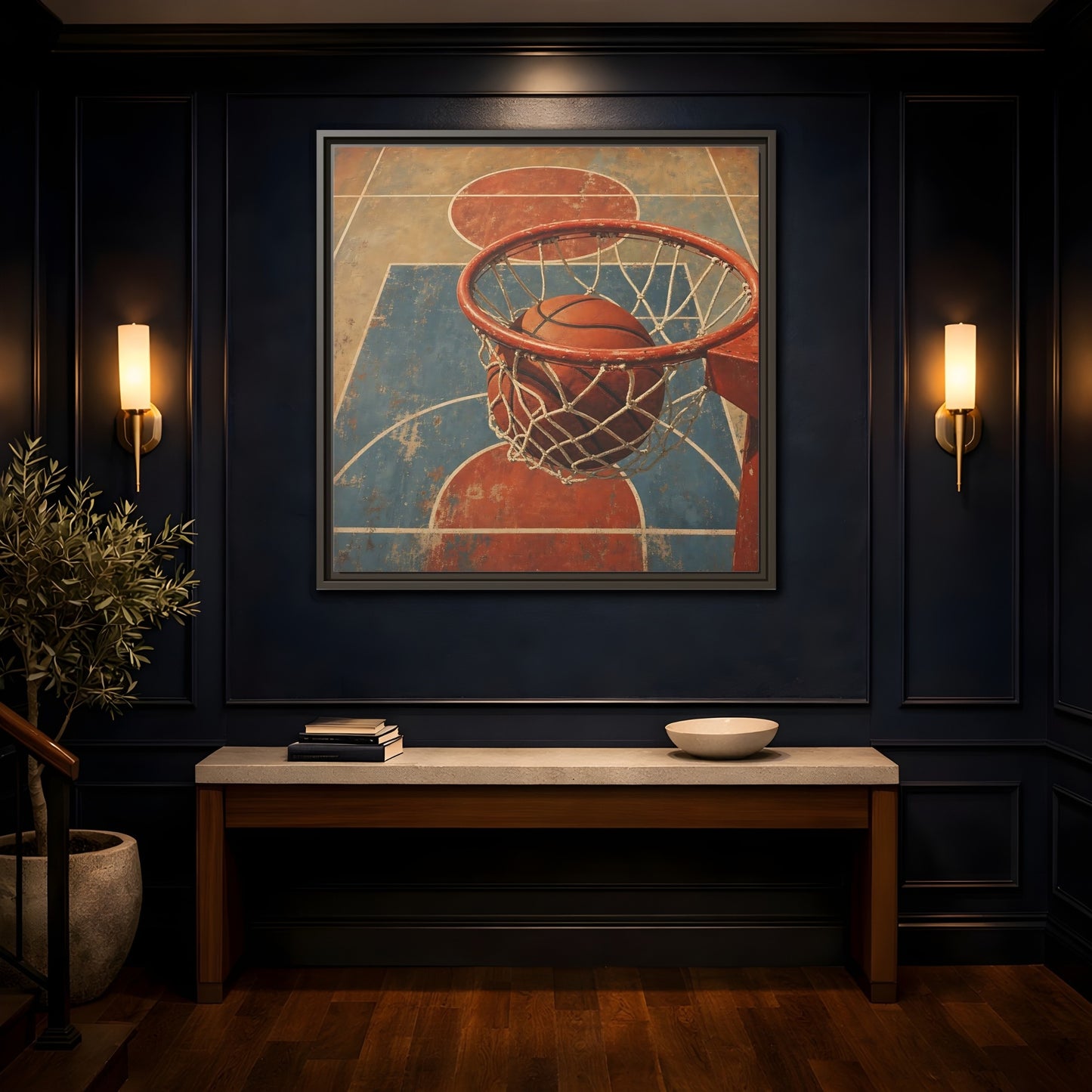 Mockup 4. Sports Basketball Hoop Vintage Basketball Court shown as framed canvas print