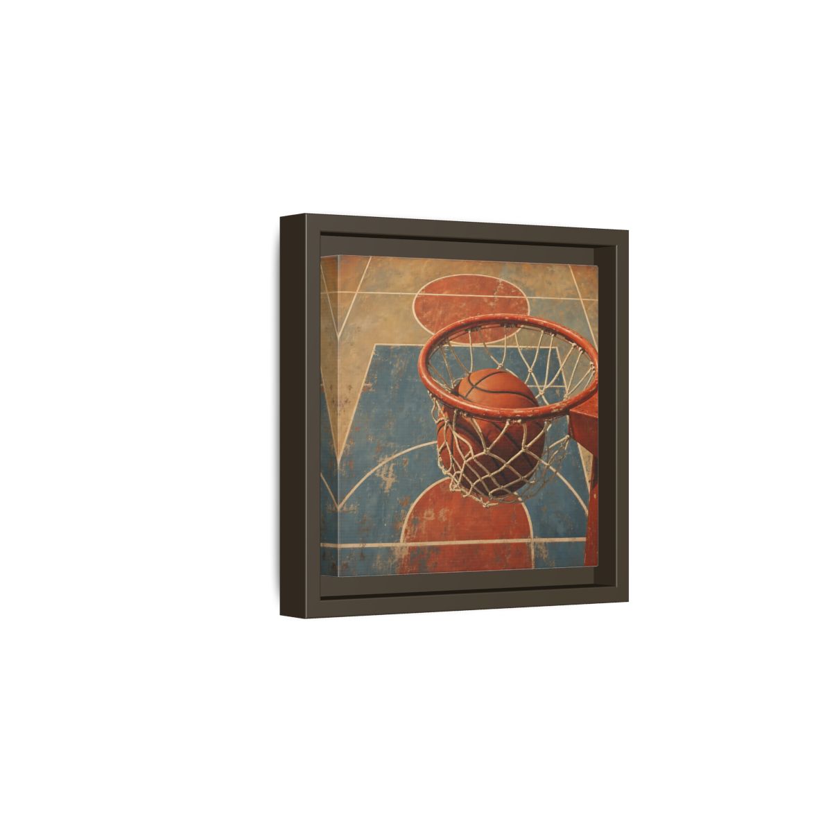Side Mockup 2. Sports Basketball Hoop Vintage Basketball Court shown as framed canvas print