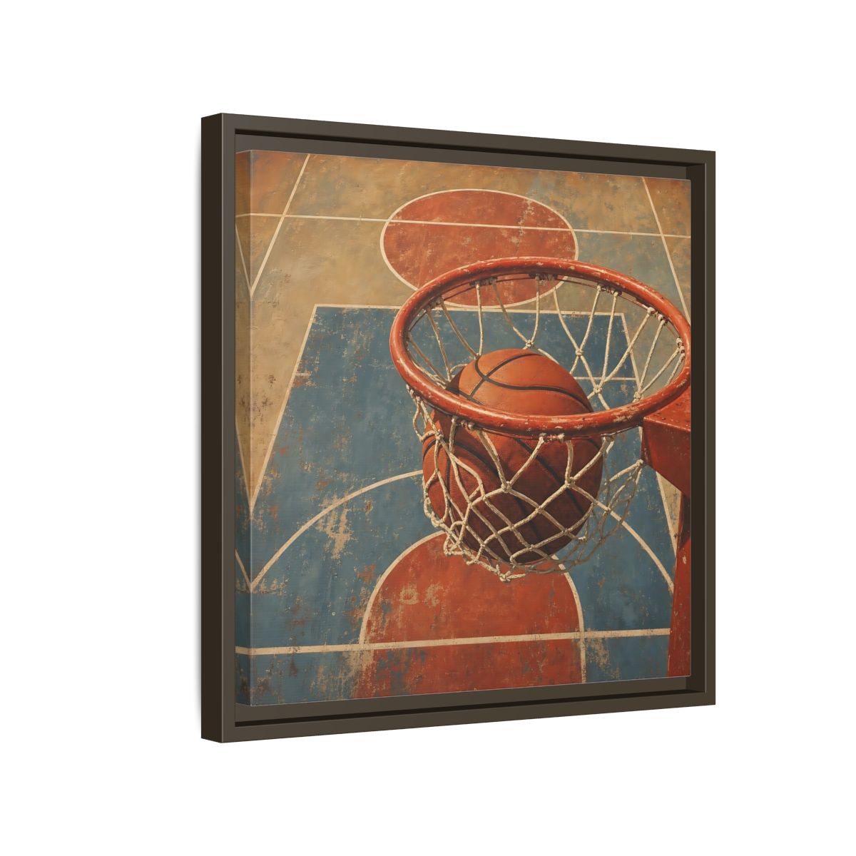 Side Mockup 14. Sports Basketball Hoop Vintage Basketball Court shown as framed canvas print