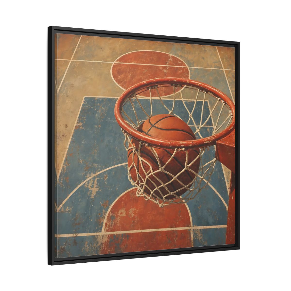 Side Mockup 30. Sports Basketball Hoop Vintage Basketball Court shown as framed canvas print
