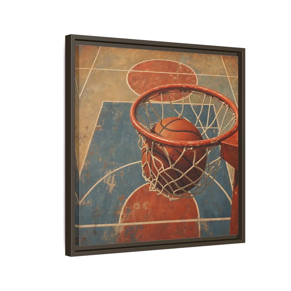 Side Mockup 11. Sports Basketball Hoop Vintage Basketball Court shown as framed canvas print