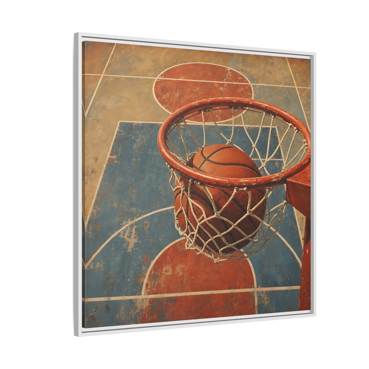 Side Mockup 4. Sports Basketball Hoop Vintage Basketball Court shown as framed canvas print