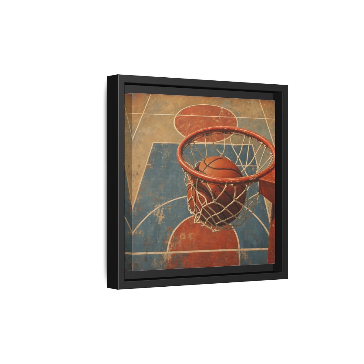 Side Mockup 21. Sports Basketball Hoop Vintage Basketball Court shown as framed canvas print