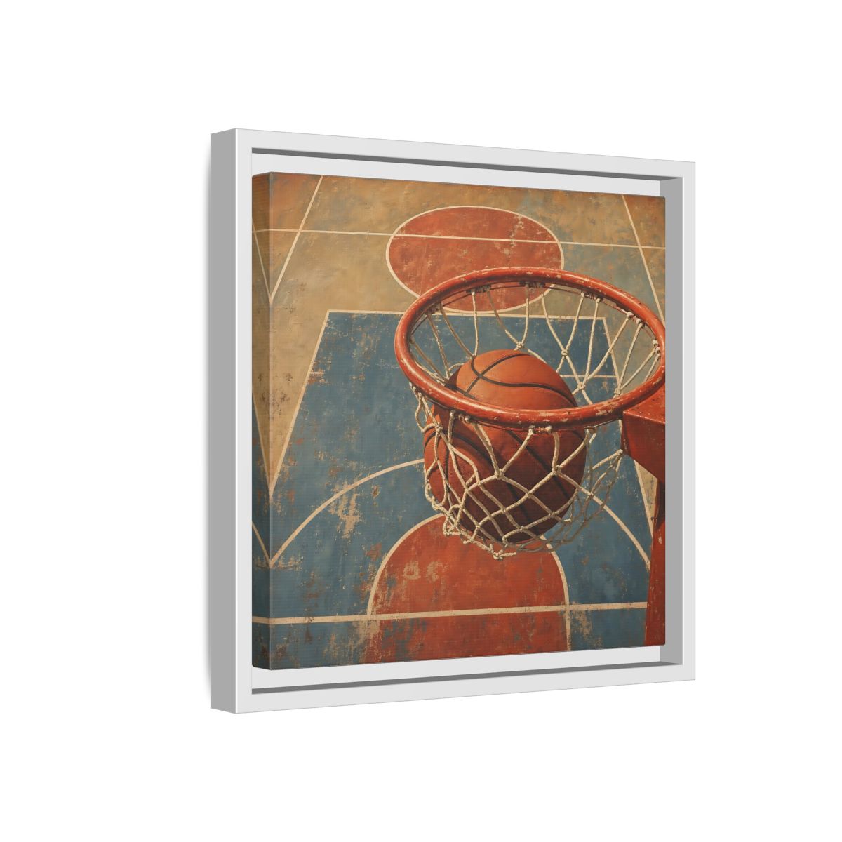 Side Mockup 16. Sports Basketball Hoop Vintage Basketball Court shown as framed canvas print