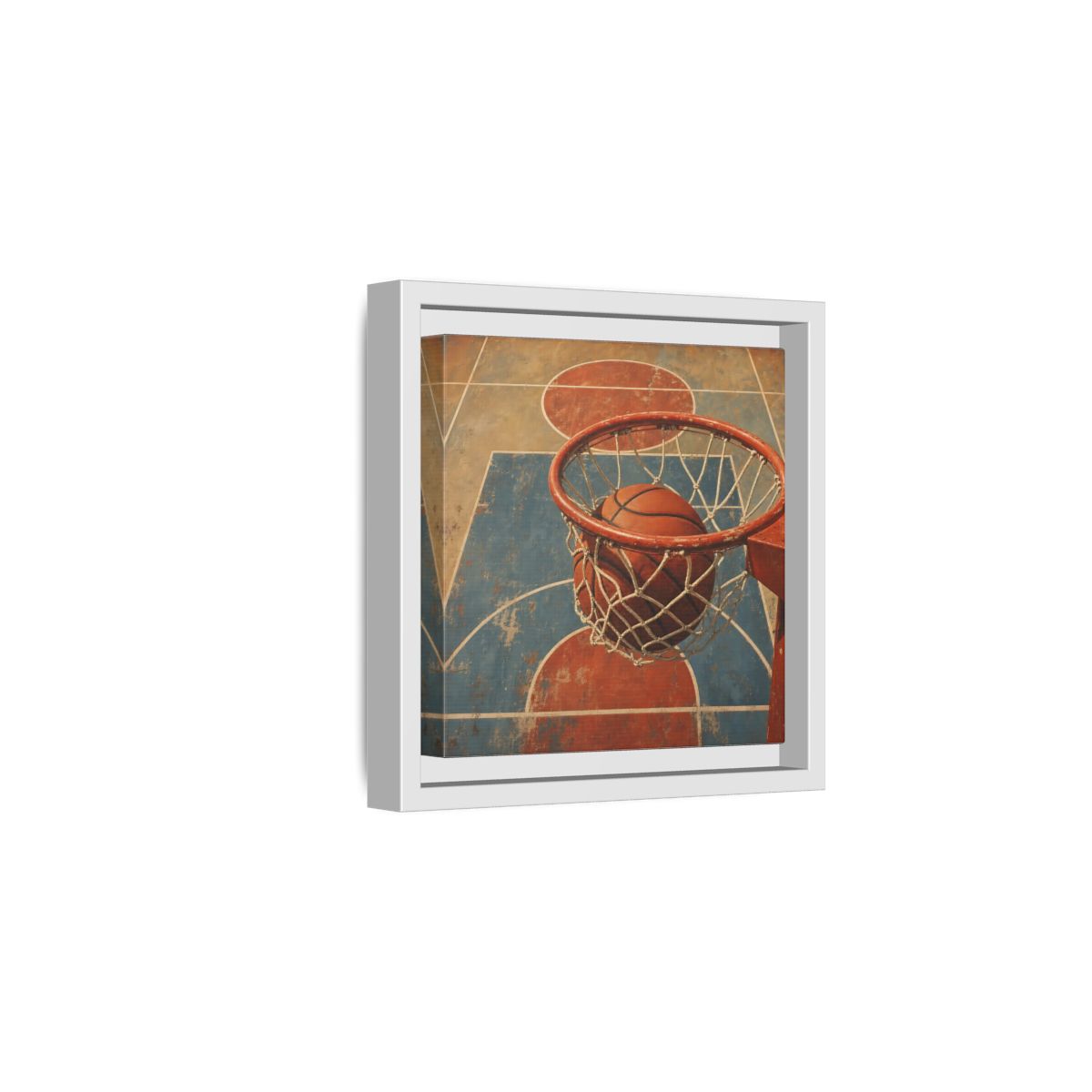 Side Mockup 1. Sports Basketball Hoop Vintage Basketball Court shown as framed canvas print