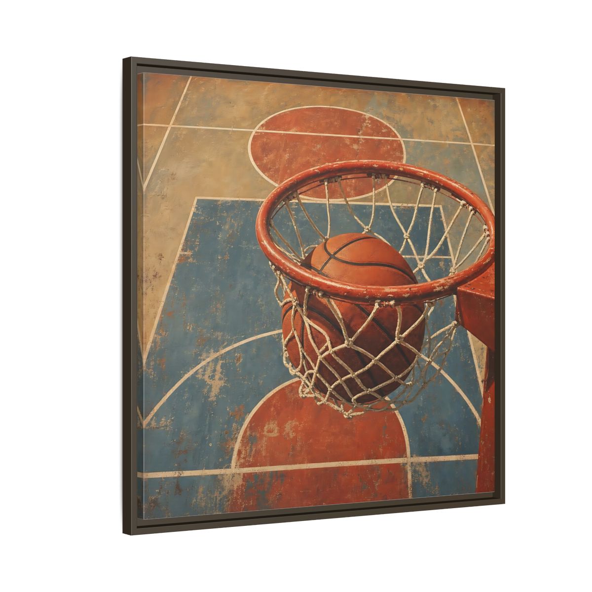 Side Mockup 8. Sports Basketball Hoop Vintage Basketball Court shown as framed canvas print