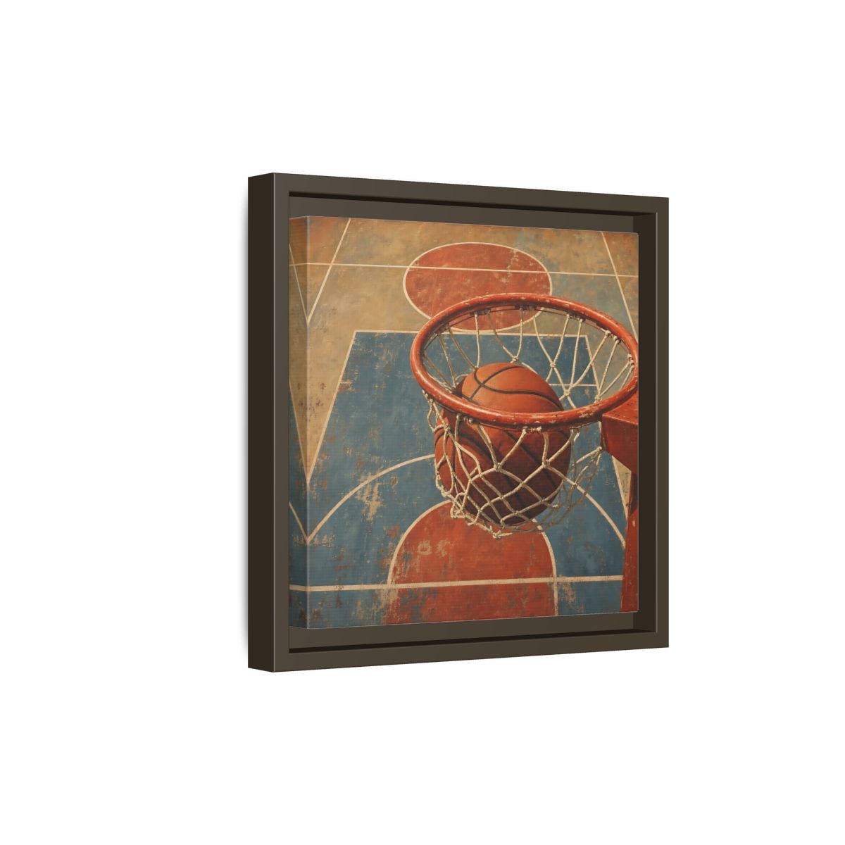 Side Mockup 20. Sports Basketball Hoop Vintage Basketball Court shown as framed canvas print