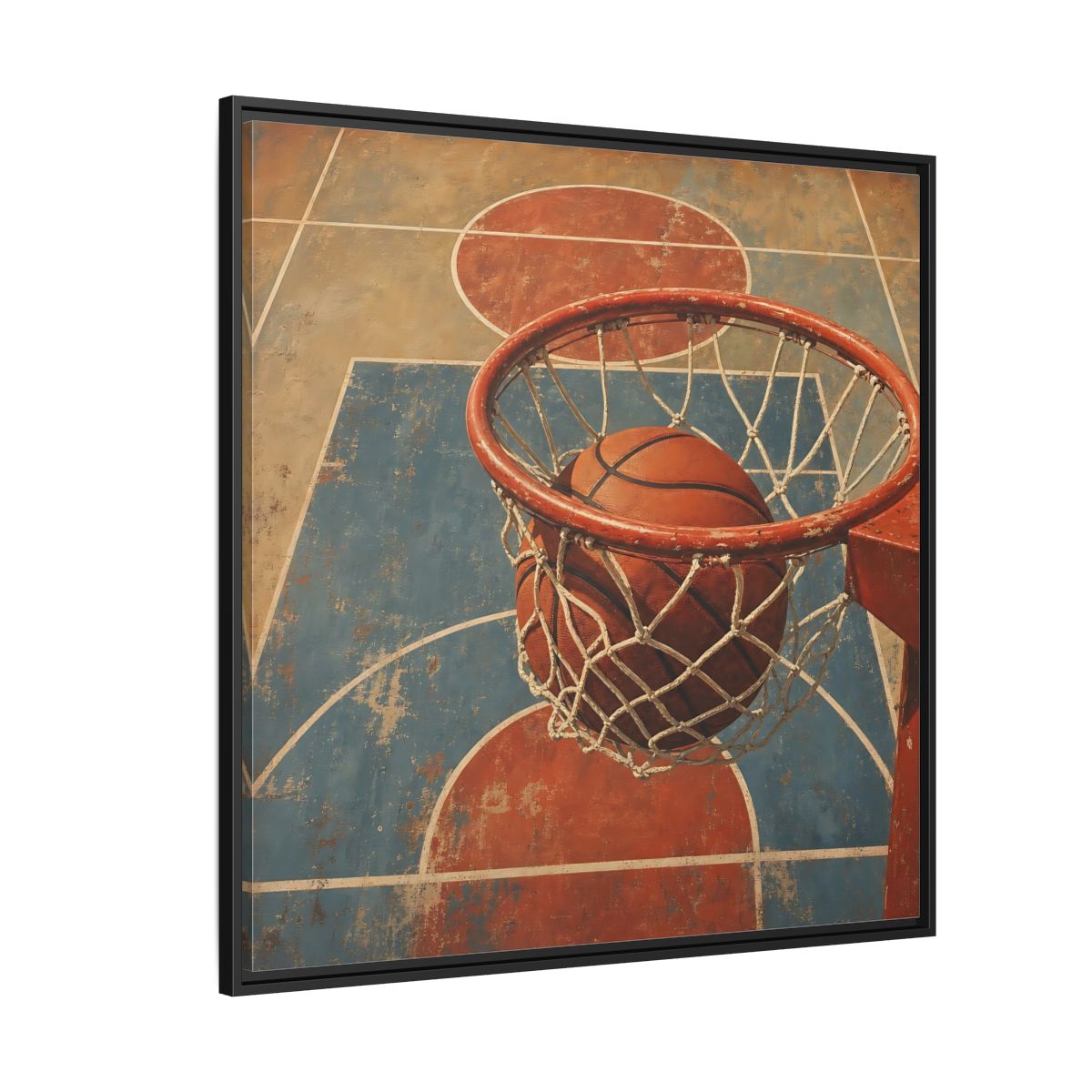 Side Mockup 6. Sports Basketball Hoop Vintage Basketball Court shown as framed canvas print