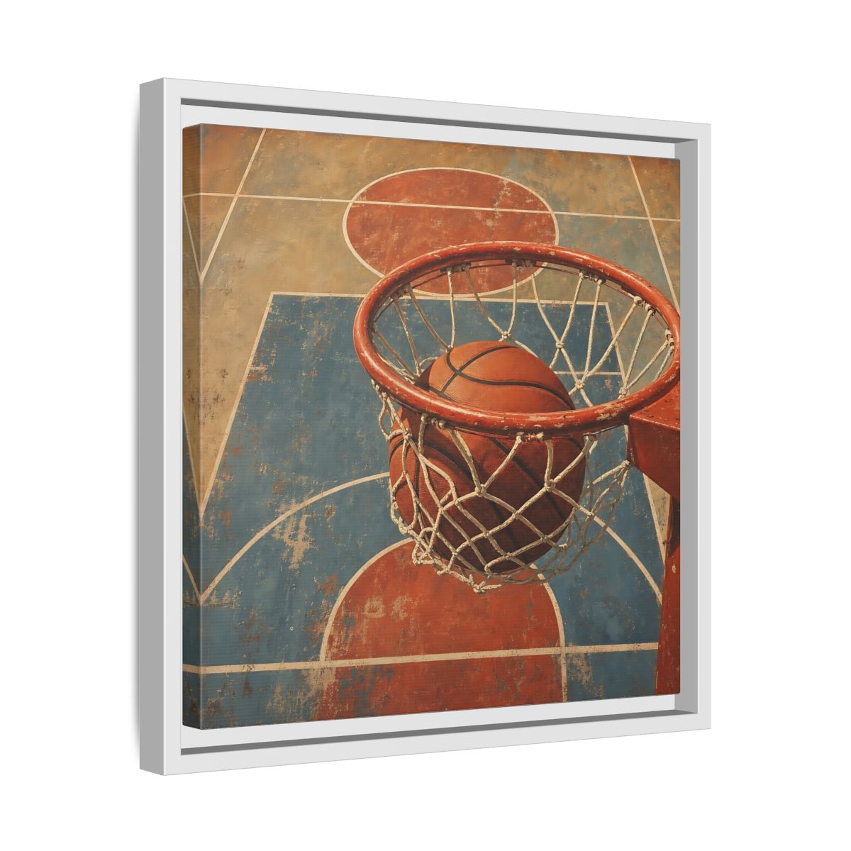 Side Mockup 28. Sports Basketball Hoop Vintage Basketball Court shown as framed canvas print