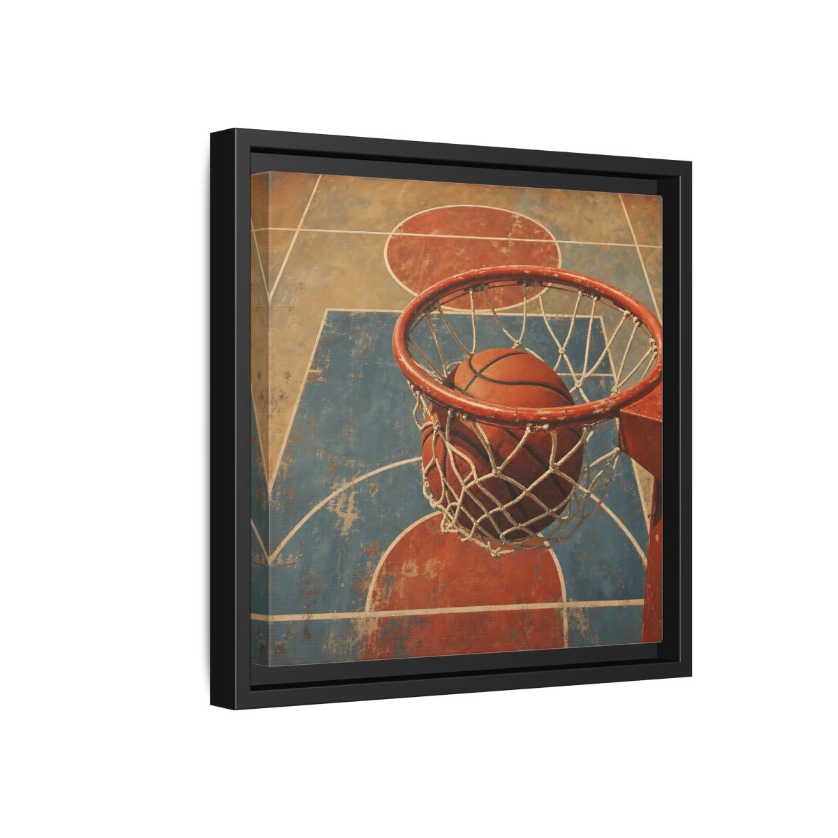 Side Mockup 18. Sports Basketball Hoop Vintage Basketball Court shown as framed canvas print