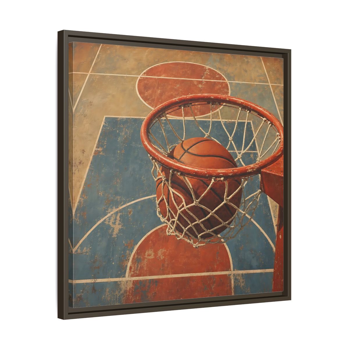 Side Mockup 27. Sports Basketball Hoop Vintage Basketball Court shown as framed canvas print