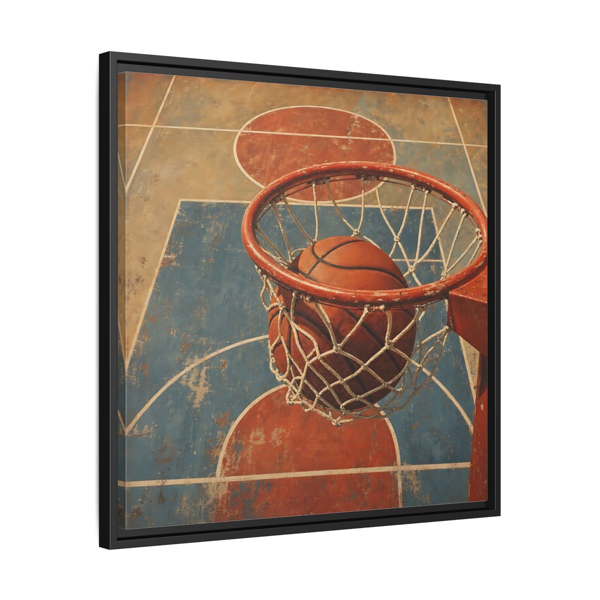 Side Mockup 31. Sports Basketball Hoop Vintage Basketball Court shown as framed canvas print