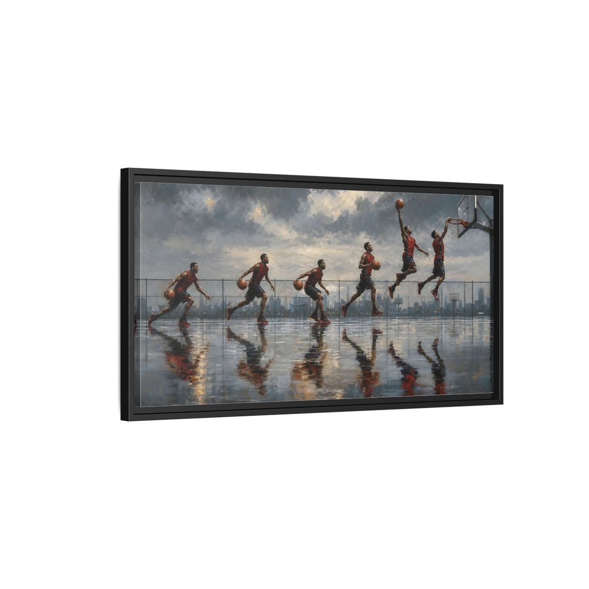 Side Mockup 2. Sports Basketball Player Basketball Action Art shown as framed canvas print