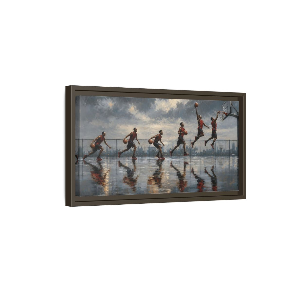 Side Mockup 7. Sports Basketball Player Basketball Action Art shown as framed canvas print