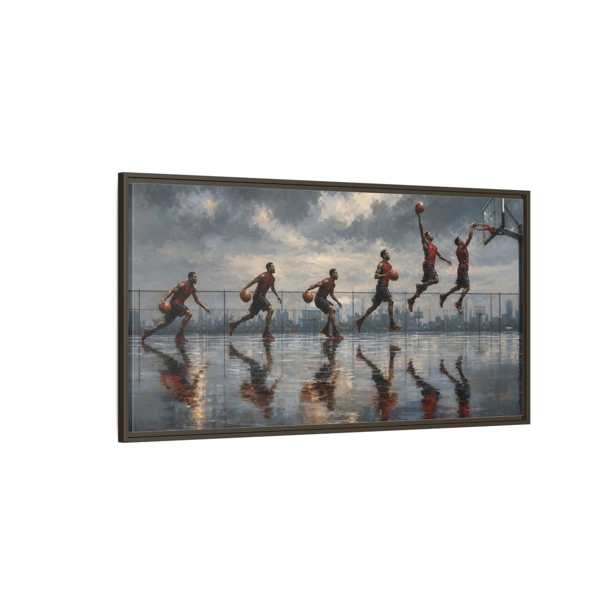 Side Mockup 4. Sports Basketball Player Basketball Action Art shown as framed canvas print
