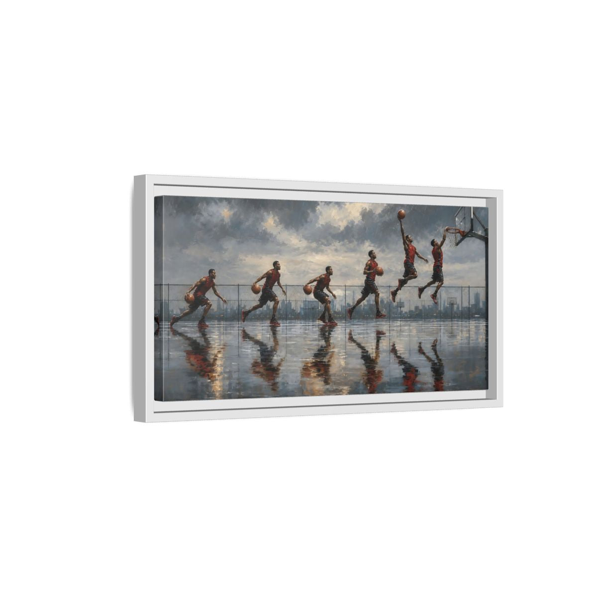 Side Mockup 6. Sports Basketball Player Basketball Action Art shown as framed canvas print